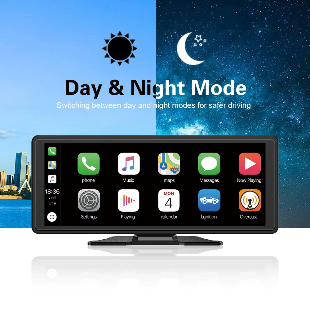 10.26" Wireless Carplay & Android Auto Universal Portable Car Radio Mirror Link Player BT Audio AUX Stereo for Apple or Android