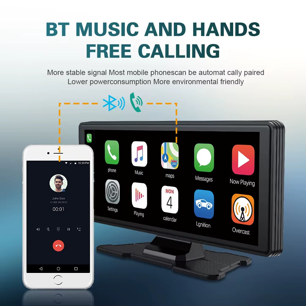 10.26" Wireless Carplay & Android Auto Universal Portable Car Radio Mirror Link Player BT Audio AUX Stereo for Apple or Android