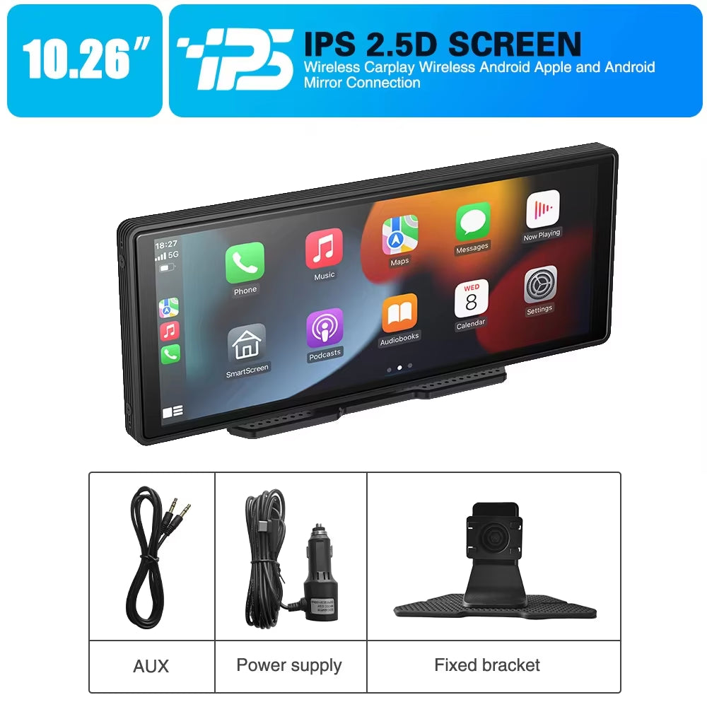 10.26" Wireless Carplay & Android Auto Universal Portable Car Radio Mirror Link Player BT Audio AUX Stereo for Apple or Android